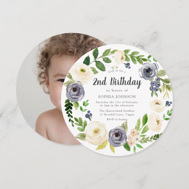 White Navy Floral Wreath Photo 2nd Birthday Party Invitation (Front/Back)