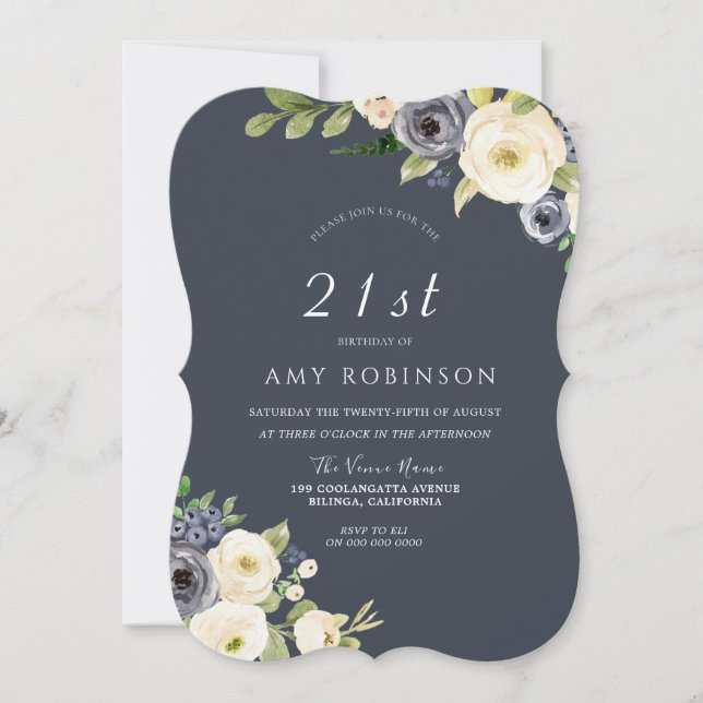 White & Navy Flowers Beautiful 21st Birthday Party Invitation (Front)