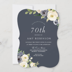 White & Navy Flowers Beautiful 70th Birthday Party Invitation