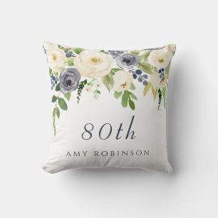 White & Navy Flowers Beautiful 80th Birthday Gift Cushion