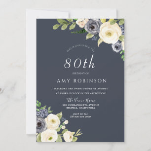 White & Navy Flowers Beautiful 80th Birthday Party Invitation