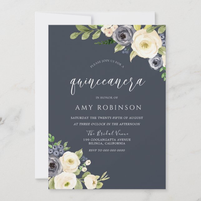 White & Navy Flowers Beautiful Quinceanera Party Invitation (Front)
