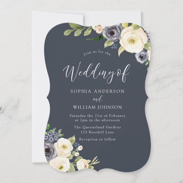 White & Navy Flowers Beautiful Wedding Invitation (Front)