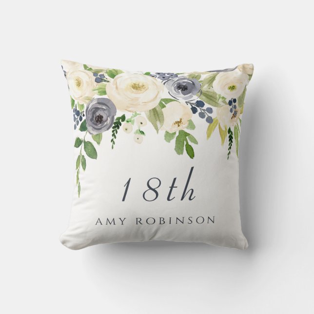 White & Navy Flowers Girls 18th Birthday Gift Cushion (Front)