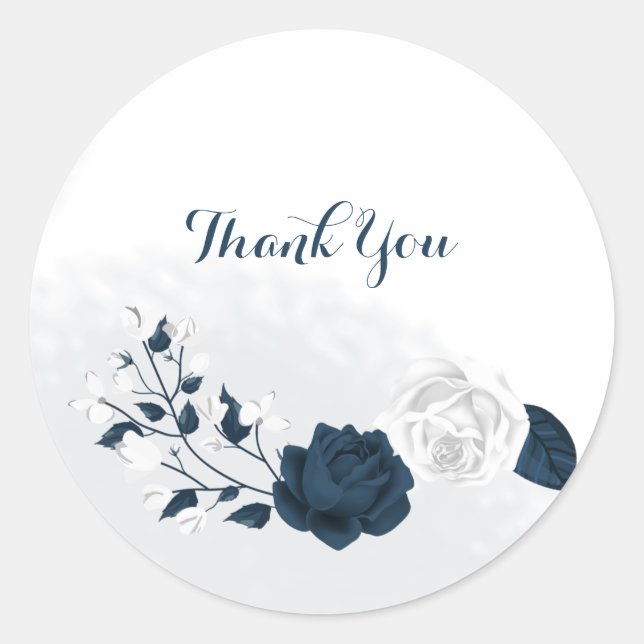 white & navy flowers thank you  classic round sticker (Front)