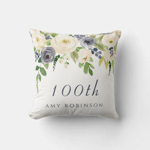 White & Navy Flowers womans 100th Birthday Gift Cushion