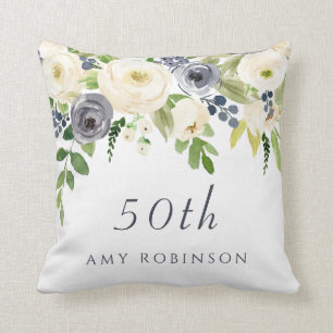 White & Navy Flowers womans 50th Birthday Gift Cushion
