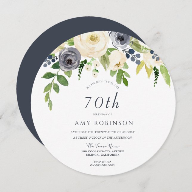 White & Navy Flowers Womans 70th Birthday Party Invitation (Front/Back)