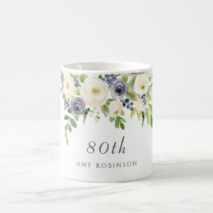 White & Navy Flowers Womans 80th Birthday Gift Coffee Mug