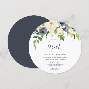 White & Navy Flowers Womans 90th Birthday Party Invitation