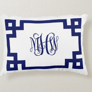 White Navy Greek Key Vine Script Monogram DIY BG Decorative Cushion