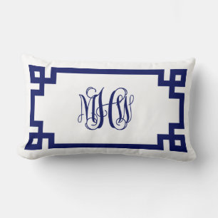 White Navy Greek Key Vine Script Monogram DIY BG Lumbar Cushion
