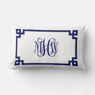 White Navy Greek Key Vine Script Monogram DIY BG Lumbar Cushion