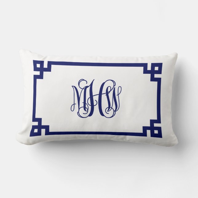 White Navy Greek Key Vine Script Monogram DIY BG Lumbar Cushion (Front)