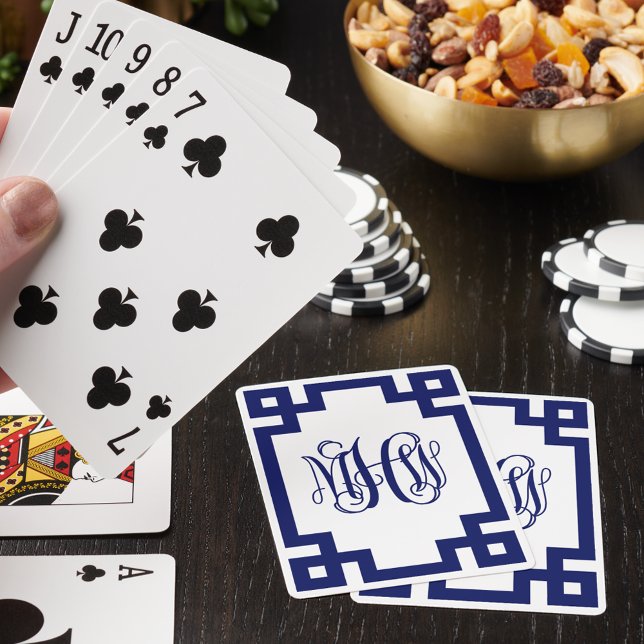 White Navy Greek Key Vine Script Monogram DIY BG Playing Cards (Creator Uploaded)