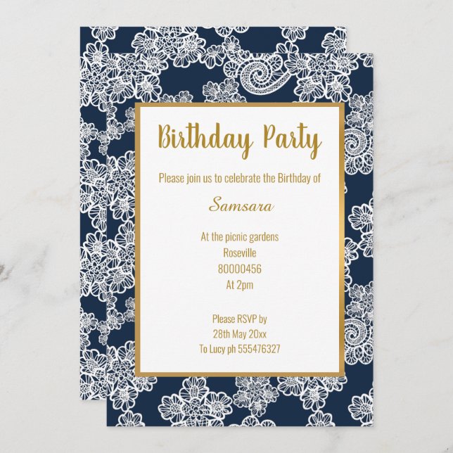 WHITE NAVY LACE GOLD TRIM ELEGANT BIRTHDAY white Invitation (Front/Back)