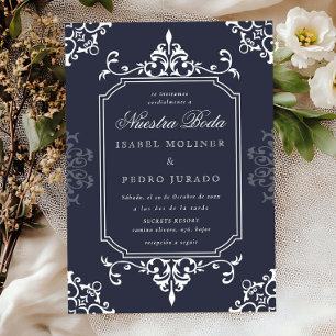 White Navy Ornament Vintage Nuestra Boda Wedding Invitation