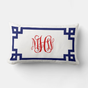 White Navy Red Greek Key Vine Monogram DIY BG Lumbar Cushion