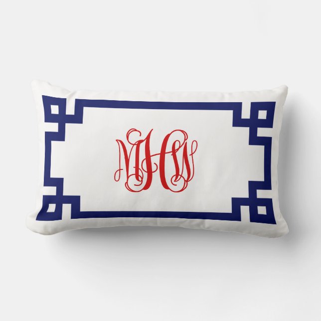 White Navy Red Greek Key Vine Monogram DIY BG Lumbar Cushion (Front)