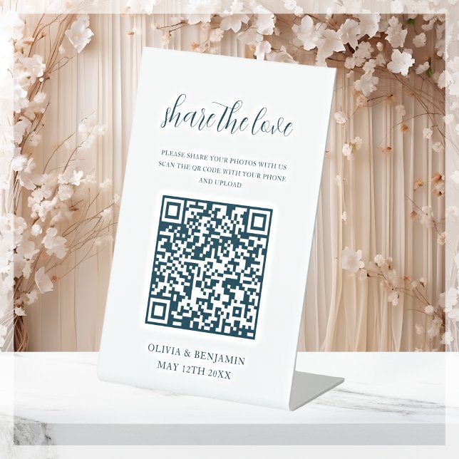 White | Navy Share The Love QR Code Pedestal Sign (Creator Uploaded)