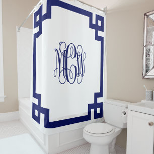 White Navy Vine Monogram DIY BG & Greek Key Frame Shower Curtain