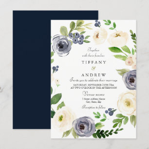 White & Navy Watercolor Floral Wreath Wedding Invitation