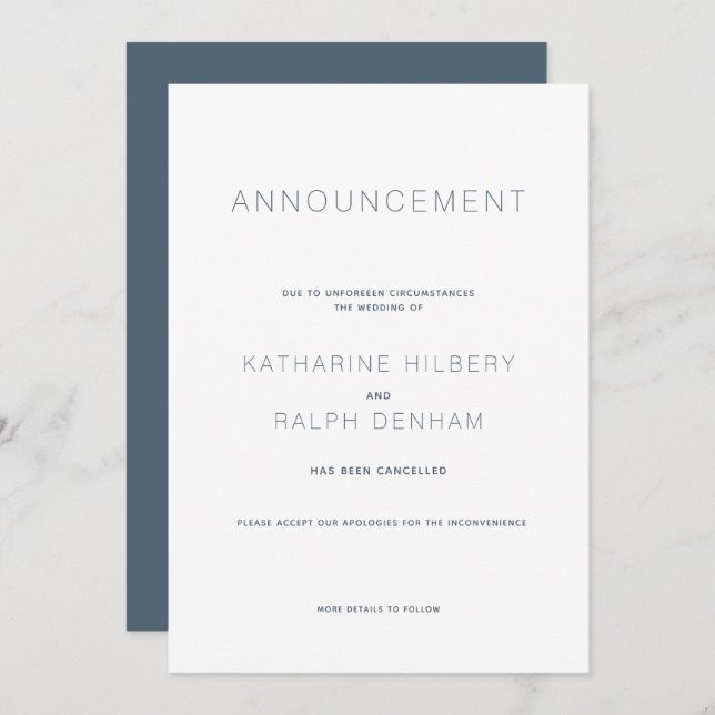White & Navy Wedding Cancellation Announcement (Front/Back)