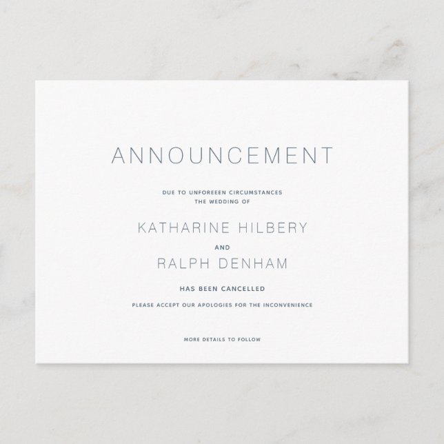 White & Navy Wedding Cancellation Announcement Postcard (Front)