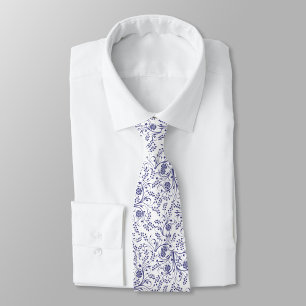 White neck tie with elegant blue floral pattern 
