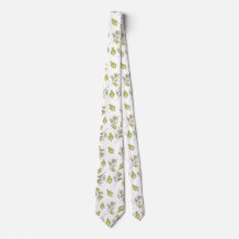 White neck tie with green and yellow leaf pattern