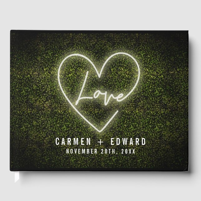 White Neon Love Sign Boxwood Wedding Guest Book (Front)