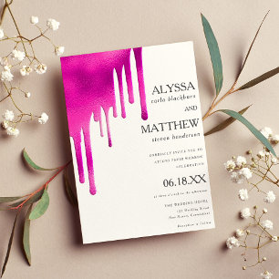 White neon pink watercolor gradient drips wedding  invitation