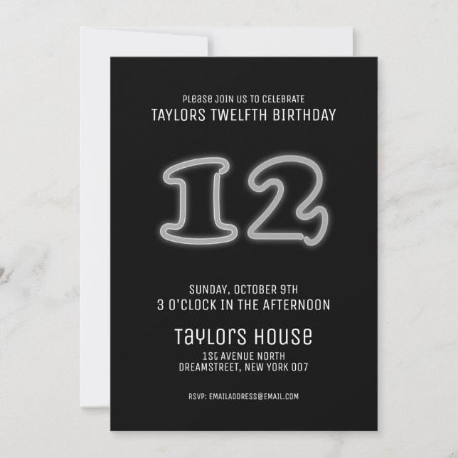 White Neon Sign 12th Trendy Birthday Party Invitation (Front)