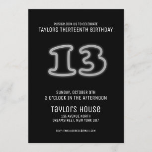 White Neon Sign 13th Trendy Birthday Party Invitation
