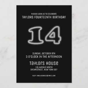 White Neon Sign 14th Trendy Birthday Party Invitation