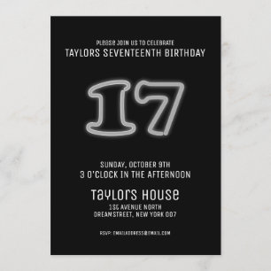 White Neon Sign 17th Trendy Birthday Party Invitation