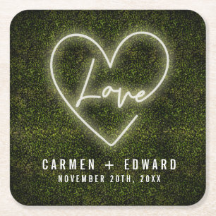 White Neon Sign Love Heart Wedding Square Paper Coaster