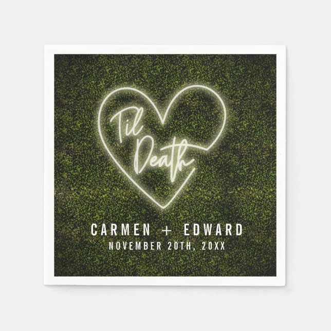 White Neon Sign Til Death Heart Wedding Napkin (Front)