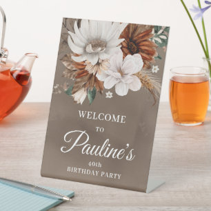 White Neutral Fall Flowers 40th Birthday Pedestal Sign