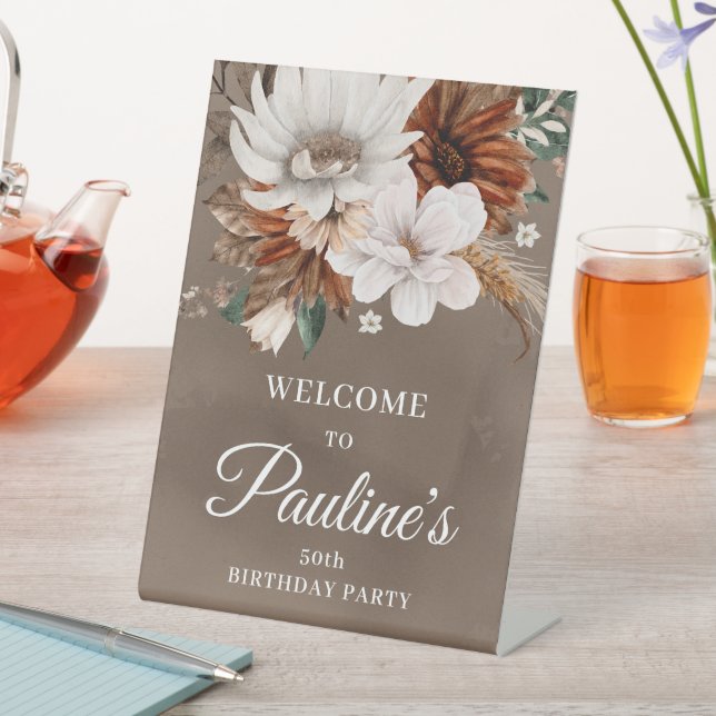 White Neutral Fall Flowers 50th Birthday Pedestal Sign (In SItu)