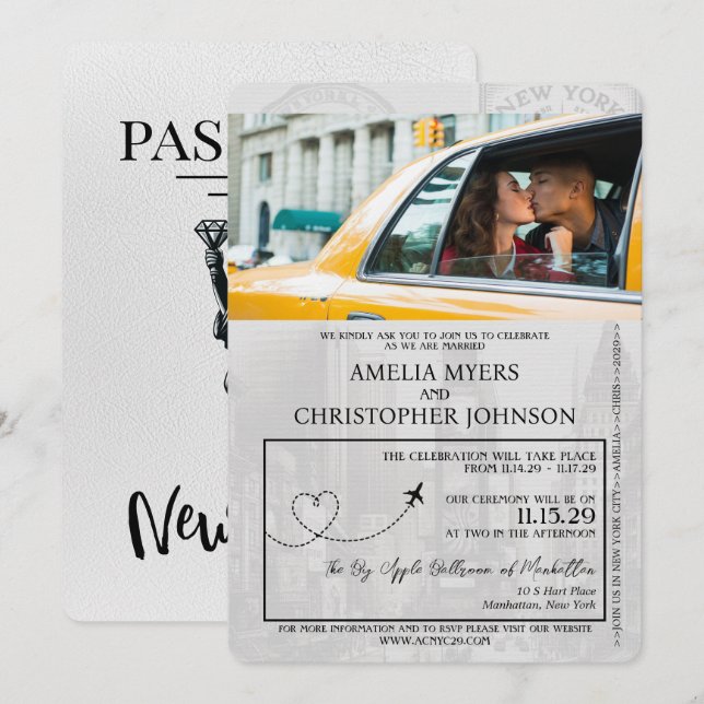 White New York City Passport Wedding Invitation (Front/Back)