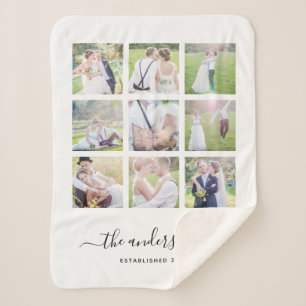 White Nine Photo Collage Family Name Calligraphy Sherpa Blanket