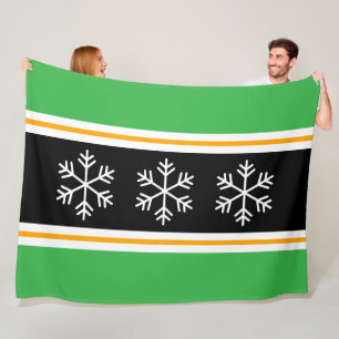 White Nordic Snowflakes Black Bright Green Stripes Fleece Blanket