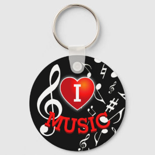 (WHITE NOTES) I Love (Heart) Music Key Ring
