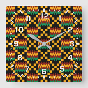 White Numbers / Africa Kente Cloth Square Wall Clock