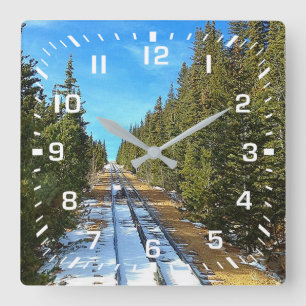 White Numbers / Railroad Tracks Snow thru Forest Square Wall Clock