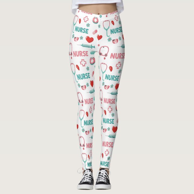 White Nurse Life Seamless Pattern (1) Leggings (Front)