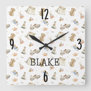 White Nursery Watercolor Vintage Toys 10.75-in Square Wall Clock