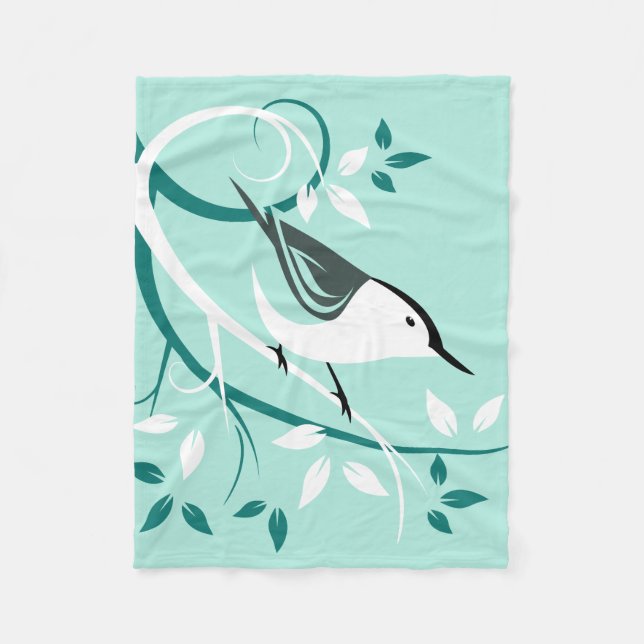 White Nuthatch On Branch Fleece Blanket (Front)