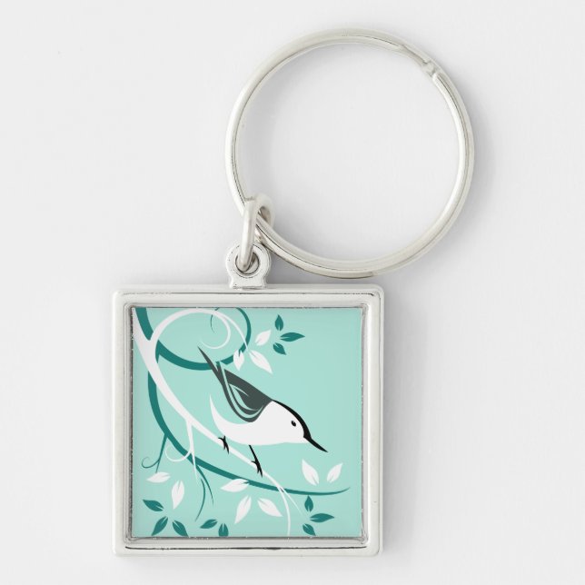 White Nuthatch With Swirls Key Ring (Front)